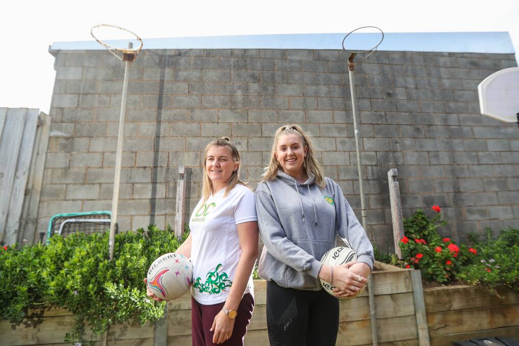 Home court: Sara Quinn and Chelsea Quinn. The mother and daughter duo have two netball rings in their backyard to help sharpen their skills. Picture: Morgan Hancock