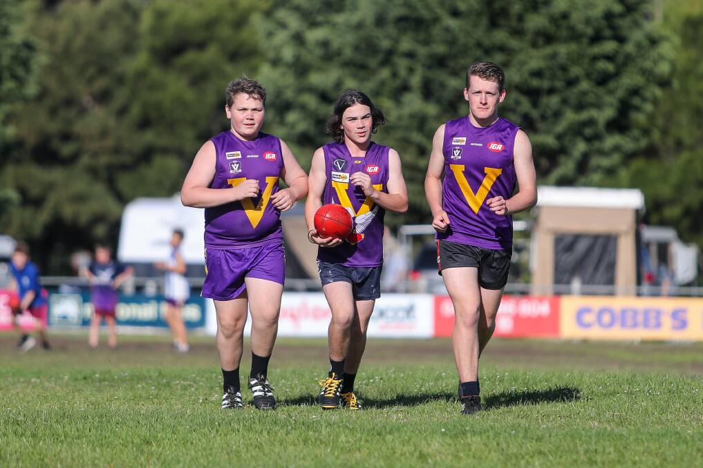 Junior permit adjusted: Port Fairy's Dru Dalton, Archie Lay and Riley Riordan will be some of the many junior HFNL and WDFNL players to benefit the AFL Western District's type two permit policy adjustment. Picture: Morgan Hancock
