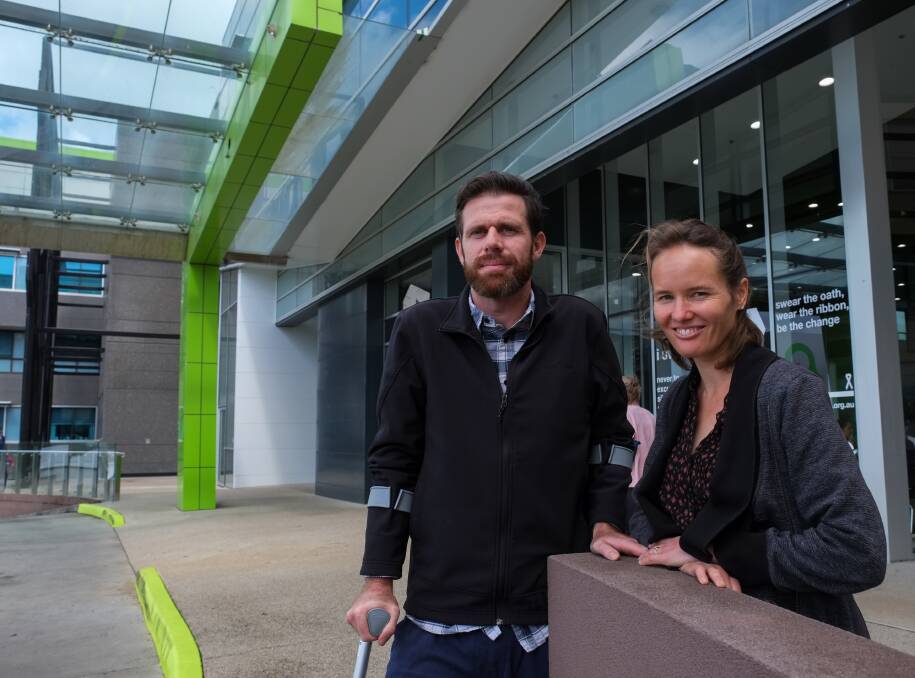On the mend: Timboon bike rider Bryce Morden arrives at Warrnambool Base Hospital for a rehabilitation session with his wife Joy. Picture: Rob Gunstone