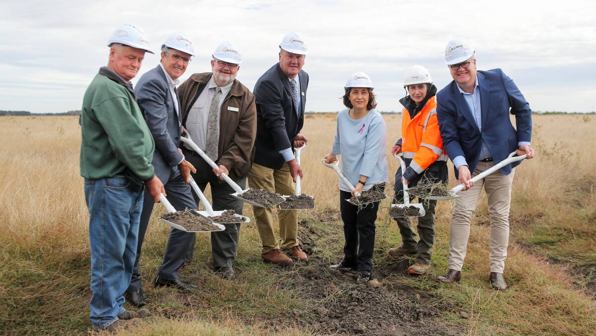 SOD TURNING: Farmer Pat Meade, Moyne Shire chief executive officer Bill Millard, Corangamite Shire Council mayor Neil Trotter, Moyne Shire mayor Mick Wolfe, 
 Minister for Energy, Environment and Climate Change Lily D'Ambrosio, Acciona Australia's Aurora Perez and energy division managing director Brett Wickham visited the Mortlake South Wind Farm to turn the first sod on Friday. Picture: Morgan Hancock
