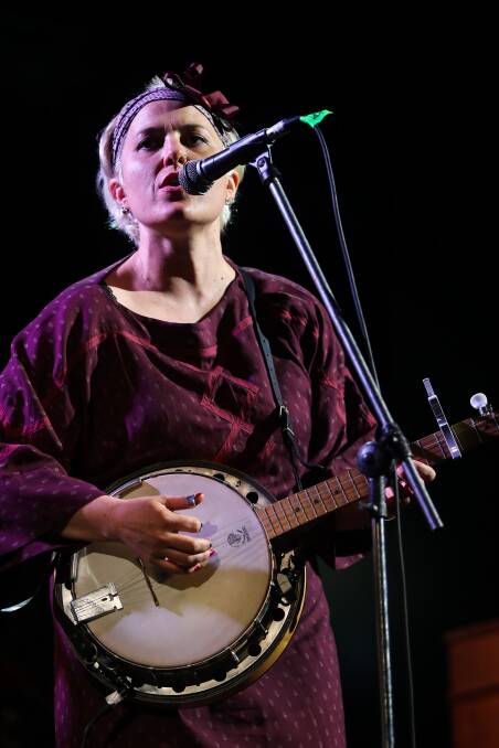 Vandemonian Lags performer Liz Stringer steps up to the microphone at the 2019 Folk Festival. Picture: Rob Gunstone