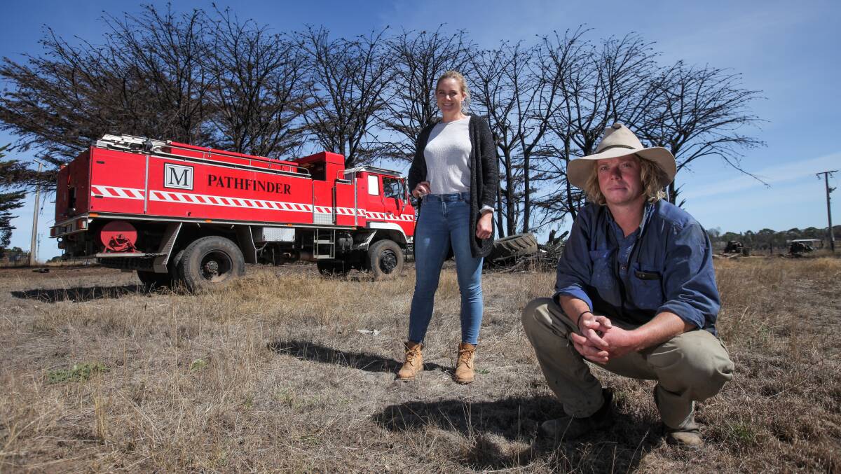 Siblings Elle and Harry Moyle are still working on rebuilding the family farm after the St Patrick's Day bushfires swept through Gazette. Picture: Rob Gunstone