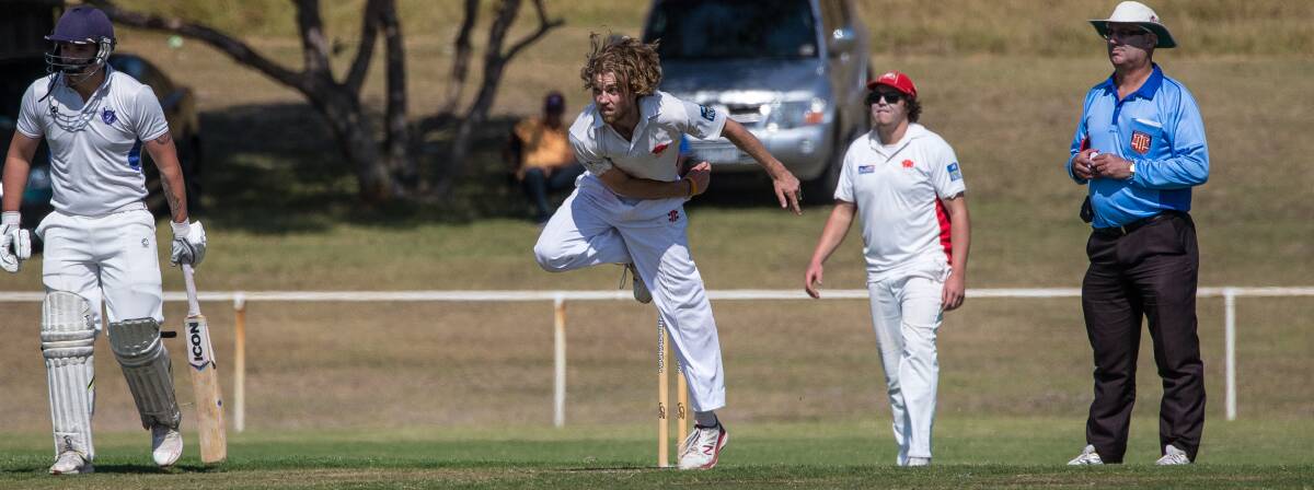 DAY OUT: Dennington bowler Xavier Beks took five wickets on day one of the Dogs' semi-final against Russells Creek.  Picture: Christine Ansorge