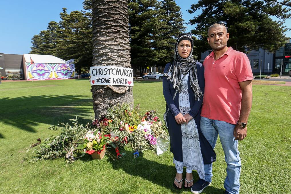 SEARCH: Warrnambool residents Ghulam and Amina Khanyari have laid flowers at the Civic Green to pay tribute to the lives lost in Christchurch and want to find a man to thank him for his kind gesture. Picture: Christine Ansorge