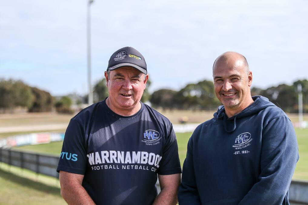 Warrnambool Football Netball Club juniors coordinator Ken Radley and operations manager Wally Steere are leading the club in the VicHealth Last Dirnks project. Picture: Anthony Brady
