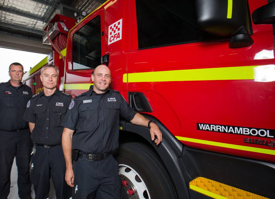 Here to help: Warrnambool Fire Brigade's Paul Marshall, Robert Howell and Jarrod Allan at the state-of-the-art station on Mortlake Road. Picture: Christine Ansorge