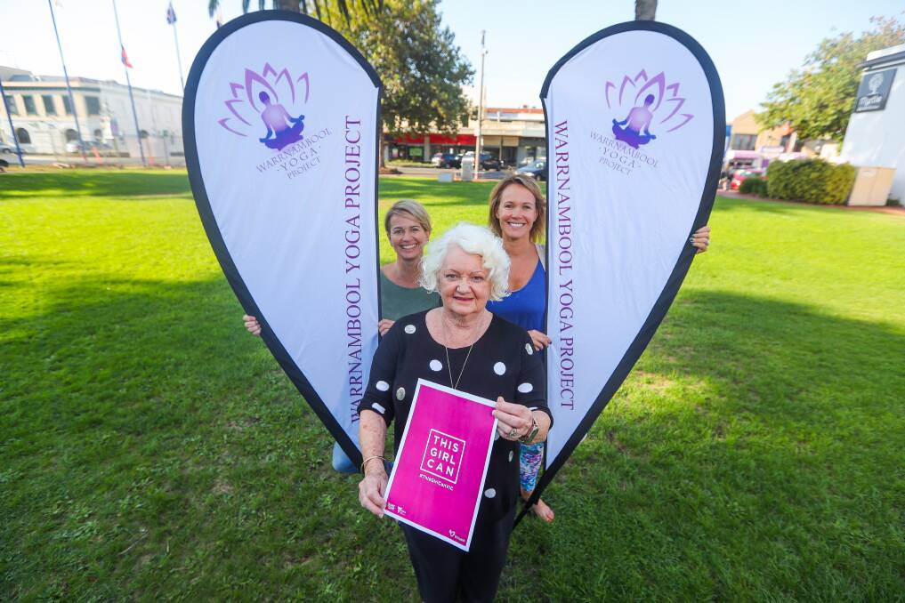 Peta Jolley, Lorraine Bell and Zoe Stevens from the Warrnambool Yoga Project will be running a yoga class at the 'This Girl Can' program launch this Sunday. Picture: Morgan Hancock