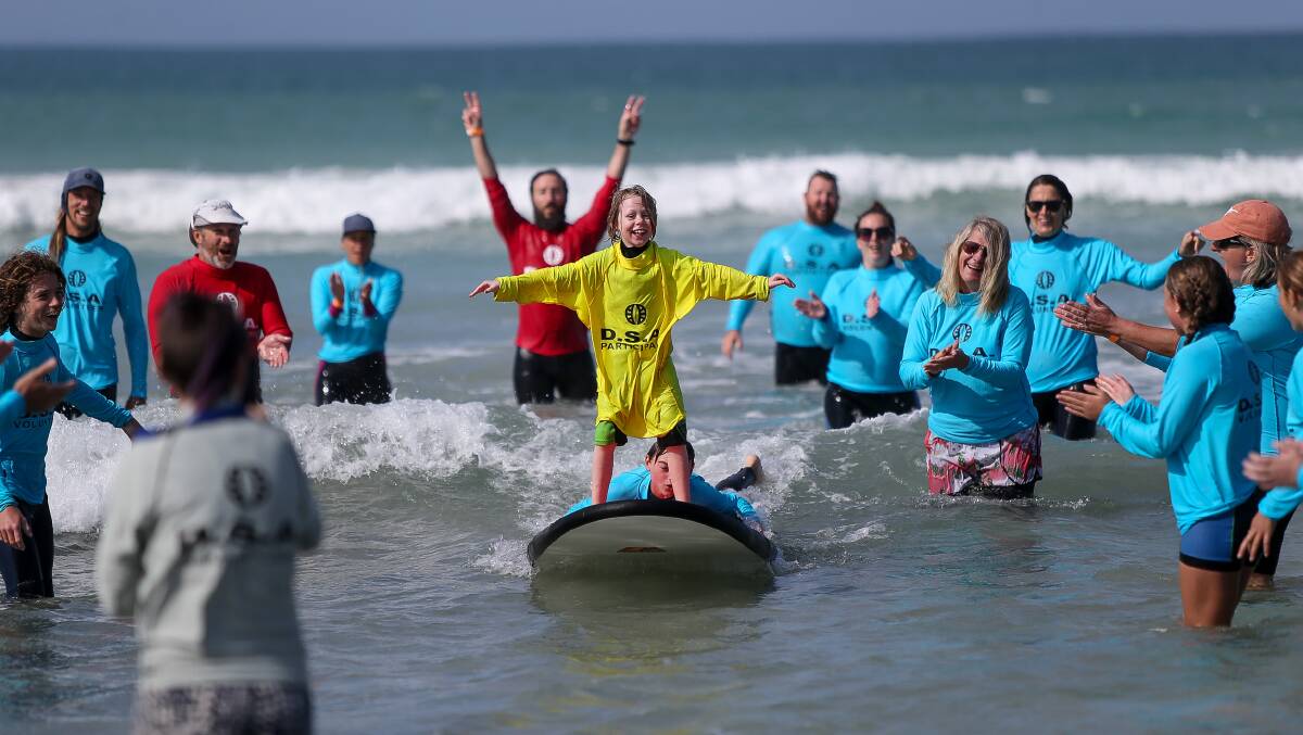 SURF'S UP: Nikiah Mattschoss from Warrnambool in action at the Great South Coast Victoria's Disabled Surfers Association. Picture: Anthony Brady