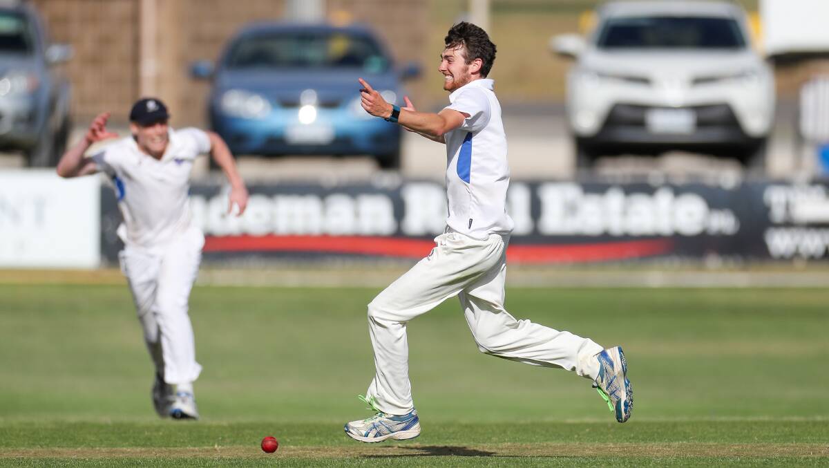 Russells Creek's Matthew Petherick celebrates claiming the final wicket of the game. Picture: Morgan Hancock