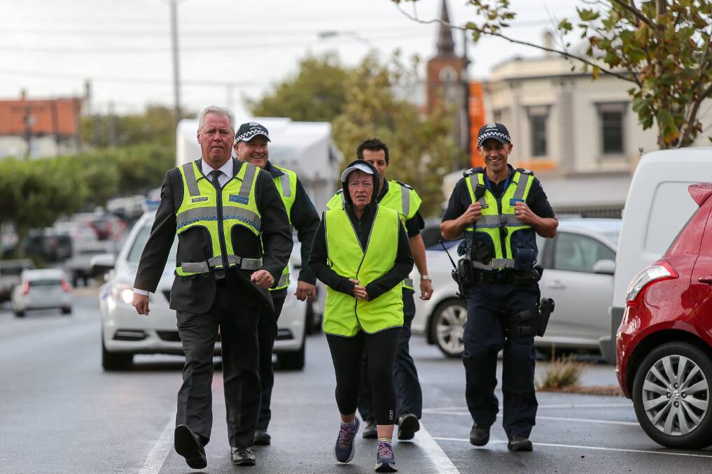Donna Bowman walking to raise $1 million for the Police welfare unit. She was joined in Warrnambool on Monday by police officers Shane Keogh, Paul Marshall, Greg Kew and Tim Brosowsky. Picture: Anthony Brady