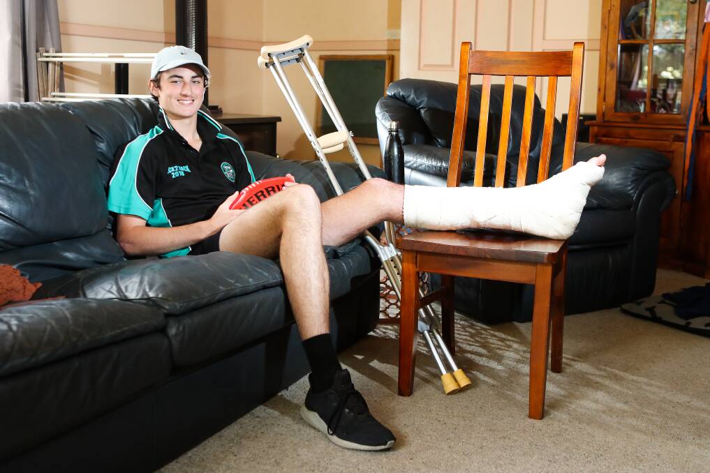 RESTING UP: Kolora-Noorat and GWV Rebels under 16 player Sam Kenna is recovering after breaking his ankle playing footy. Picture: Morgan Hancock 
