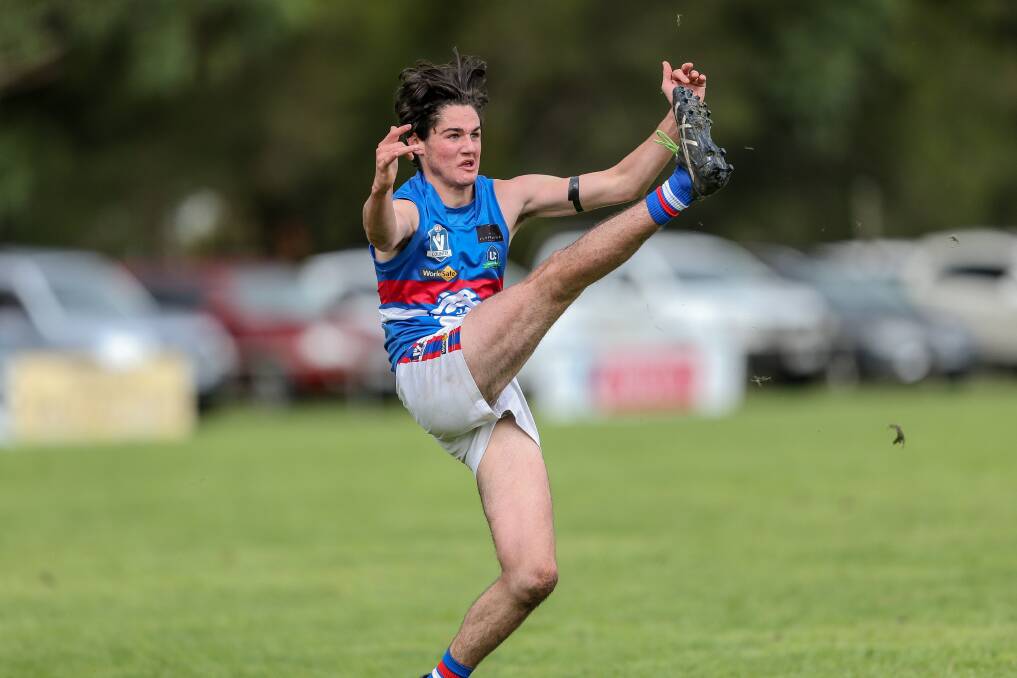 Young gun: Panmure's Jacob Moloney kicks during a match against Timboon Demons in the 2019 Warrnambool and District league season. 