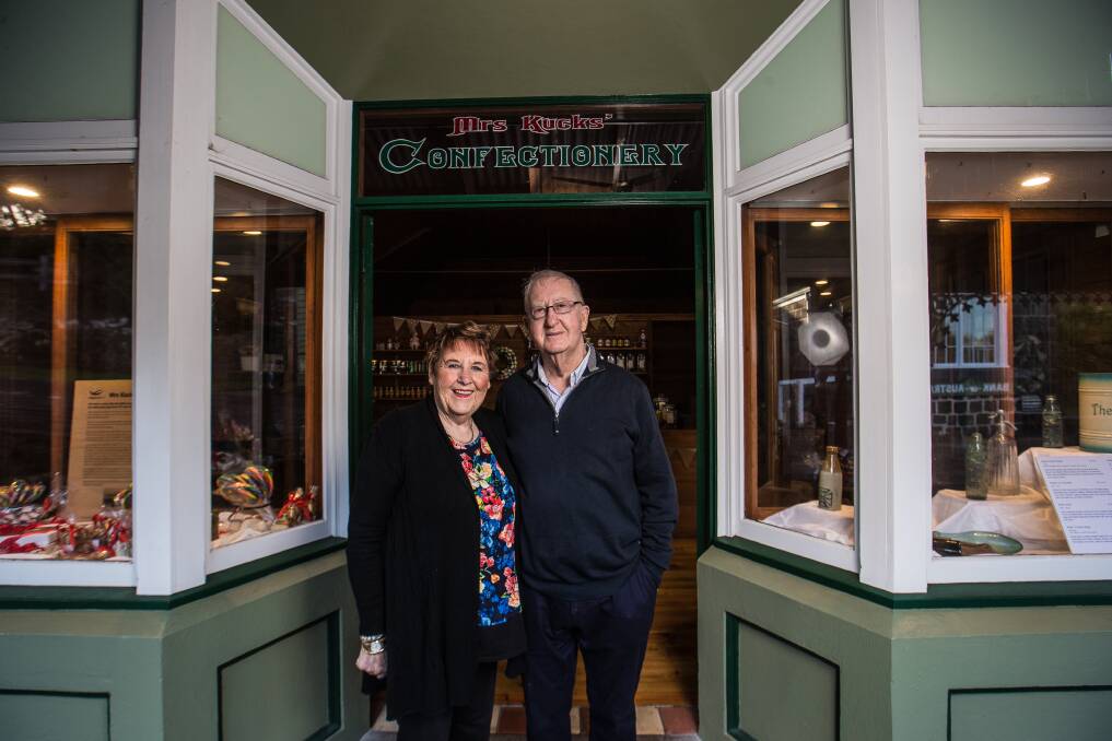 Sweet treat: Claire and Ken Gibbons outside Mrs Kucks' Confectionary at Flagstaff Hill, named after his great grandmother who had the first lolly shop in Warrnambool. Picture: Christine Ansorge