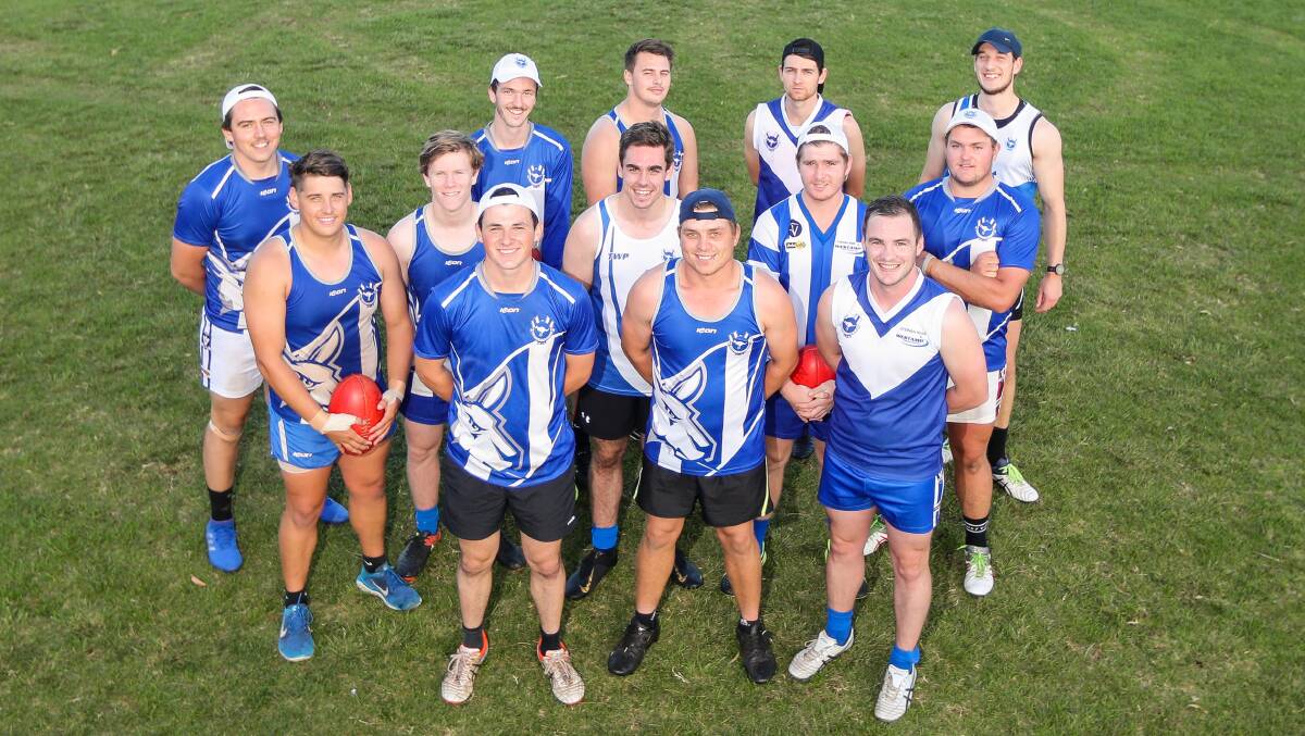 Roo recruits: Russells Creek will blood nine debutants in this Saturday's match. They recruited 19 players, with 13 pictured here. Latest recruits Joe Kenna (centre) and Louis O'Connor (right) are in the front row. Picture: Morgan Hancock