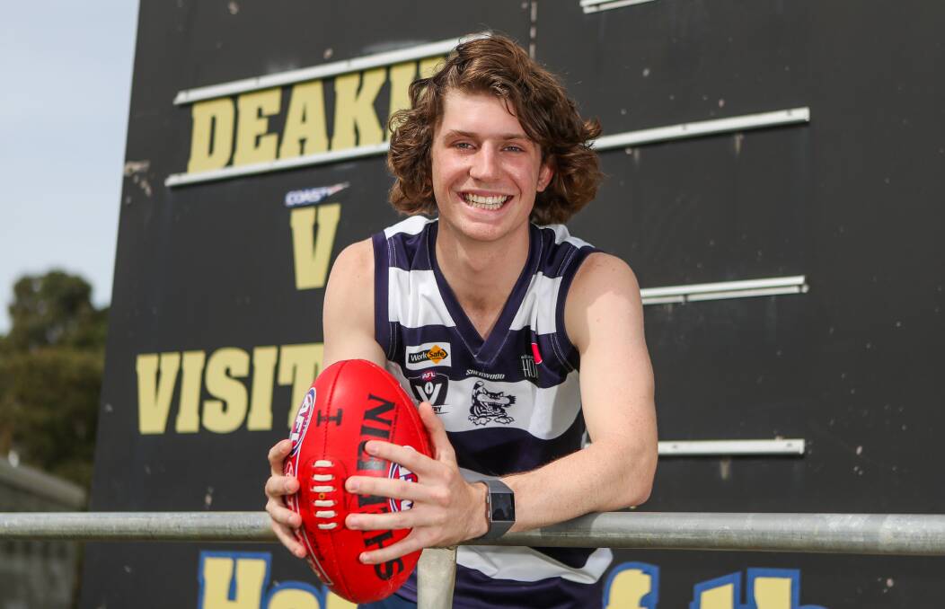 All set: Allansford's Paddy Higgins is to make his debut on Saturday. He studies at Warrnambool's Deakin University and has been practicing his skills at the campus oval. Picture: Morgan Hancock