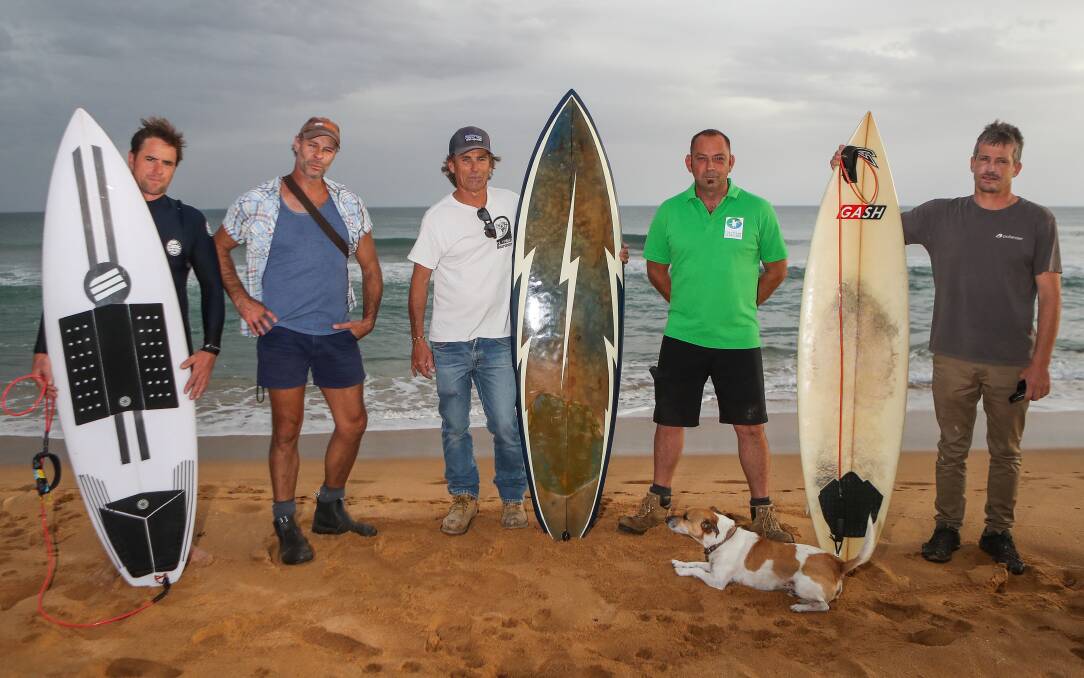 Surf's up: Pete Roads, Lee Morgan, Baz Law, Matt King and Ben Druitt at Logans Beach, where the Norm Cooper Memorial surfing event will take place on Sunday. Picture: Morgan Hancock