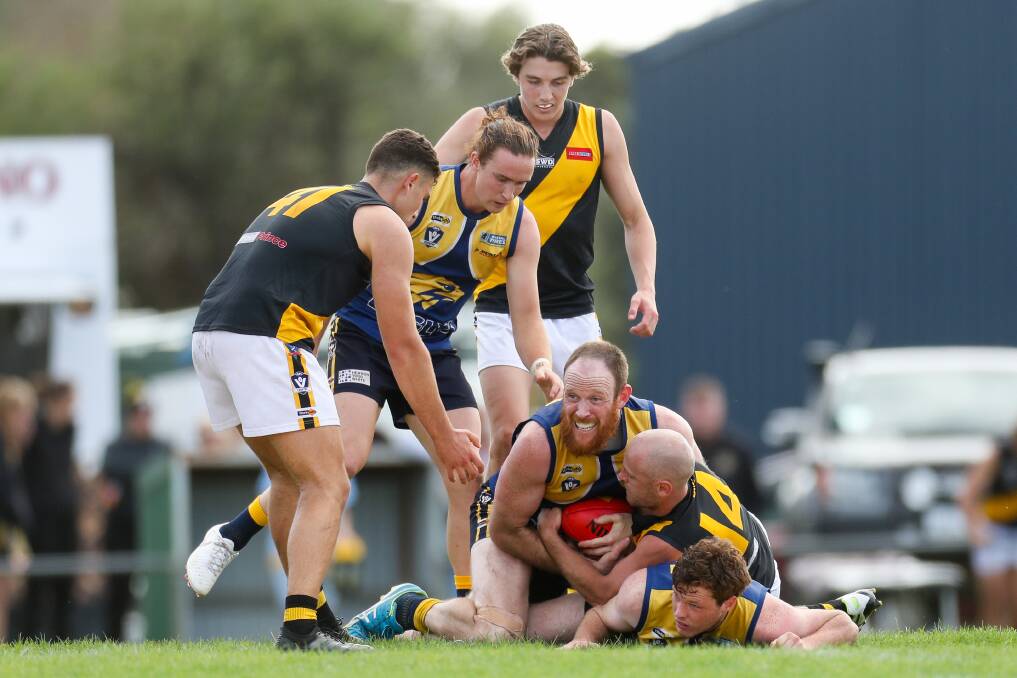 IT'S MINE: North Warrnambool Eagles ruckman Jordan Dillon pleads for a holding-the-ball decision. Picture: Morgan Hancock