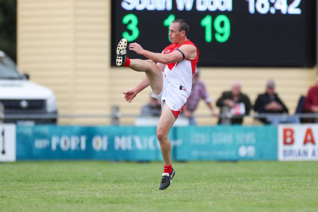 Still got it: South Warrnambool's Brad Miller has a shot at goal during his side's round one win over Port Fairy. Picture: Morgan Hancock