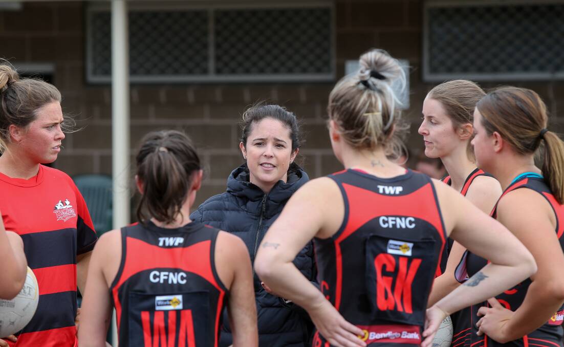 Just another game: Cobden coach Mel Starr (centre) said she had no problems facing the Hamilton Kangaroos, who she coached in 2018, in the Bombers' Hampden league game on Saturday. Picture: Anthony Brady