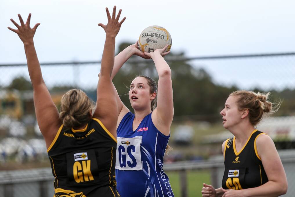 Go for it: Russells Creek goal shooter Sarah Forbes during her side's 22-goal loss to Merrivale. Picture: Anthony Brady