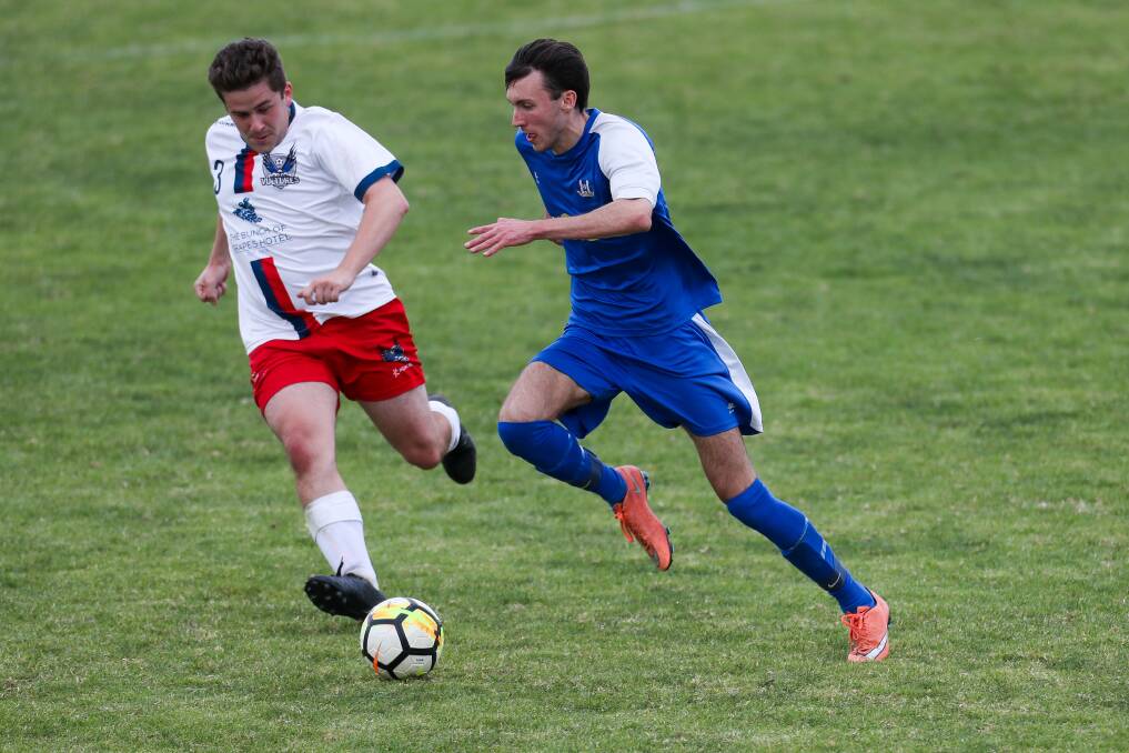 Need for speed: Warrnambool's Ryan Bail takes on his Victoria Park opponent during the Rangers' 4-1 win at home on Sunday. The reigning premiers are currently third on the Ballarat and District Soccer Association table. Picture: Morgan Hancock