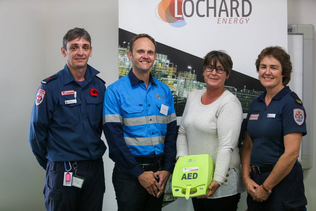 Life-saver: Paramedic Andrew Berry, Lochard CEO Andrew Fowler, Timboon pool committee's Lee Edge and ambulance officer Jo Moncrieff. Picture: Morgan Hancock
