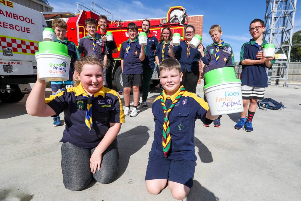 Online tin shake: Warrnambool Tooram cub Pippa McCarthy, 10, and Warrnambool Norfolk cub Reegan Delaney, 8, joined scouts from Warrnambool Tooram, Warrnambool Norfolk and Allansford troops, and the Mahogany Rovers, to collect money for the Good Friday Appeal last year. Picture: Rob Gunstone