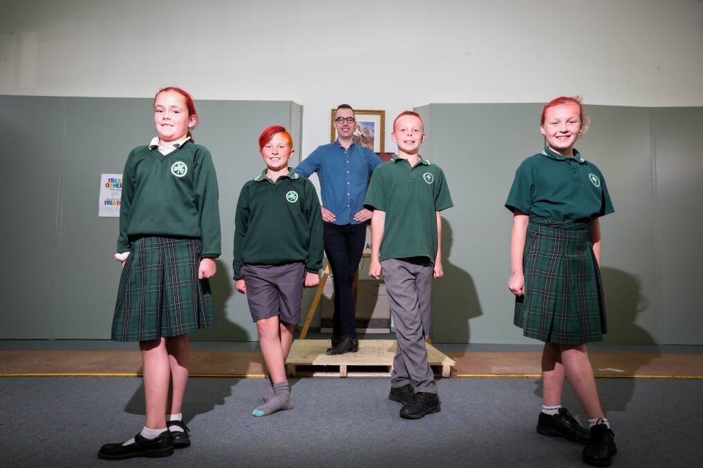 Festival fun: Irish dancer Liam Ayres with St Patrick's Primary School students Ailish Auld, 8, Jye Quirk, 10, Lenny Carey, 10, and Milla Gleeson, 9, on Friday ahead of the Koroit Irish Festival. Picture: Rob Gunstone