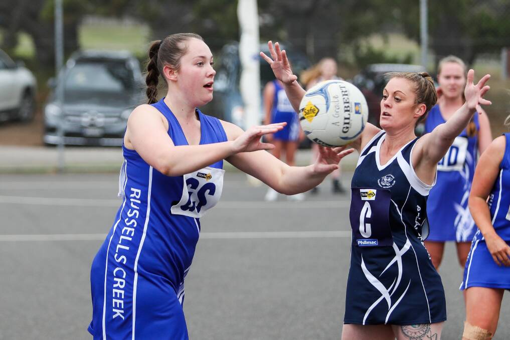 The threat: Old Collegians coach Meagan Forth said Russells Creek's Sarah Forbes, here playing against Allansford, would be her side's main hurdle on Saturday. Picture: Morgan Hancock