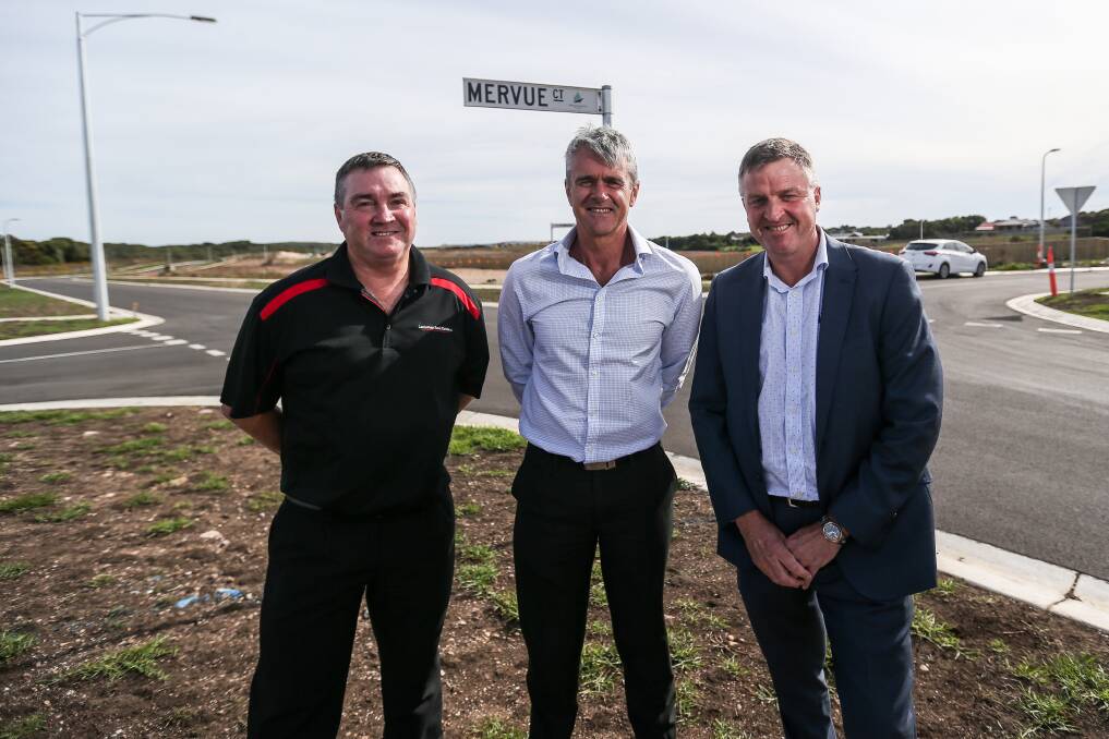 Warrnambool real estate agents Mark Dwyer, Nigel Kol ad Gary Attrill at the new Mervue Estate. Picture: Anthony Brady