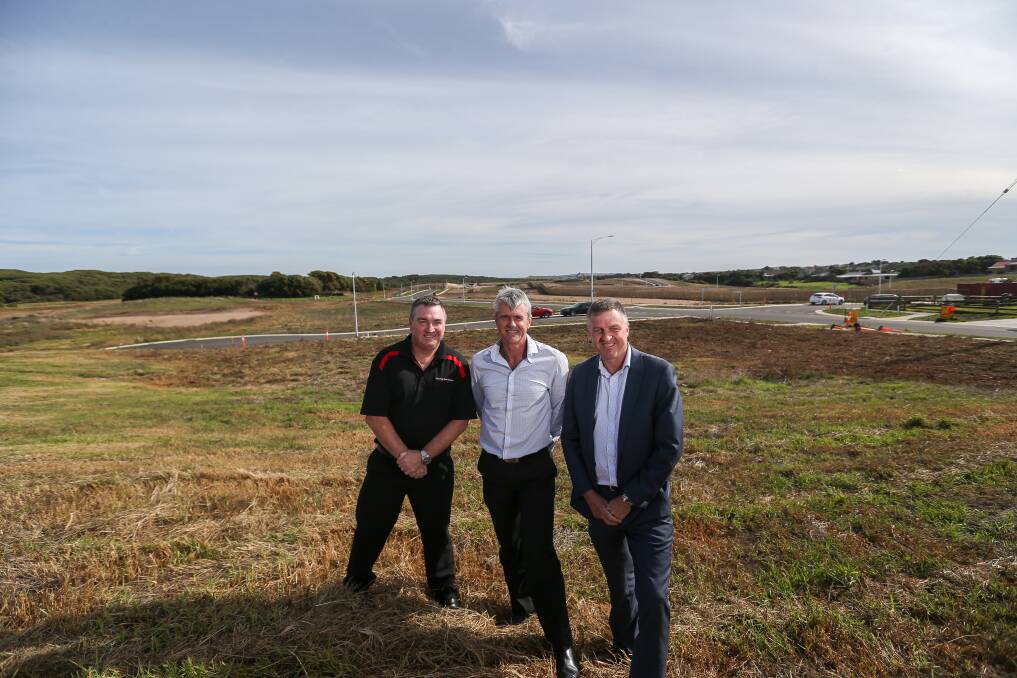 Building boom: Warrnambool real estate agents Mark Dwyer, Nigel Kol ad Gary Attrill at the new Mervue Estate where construction on the first house is about to begin. Picture: Anthony Brady