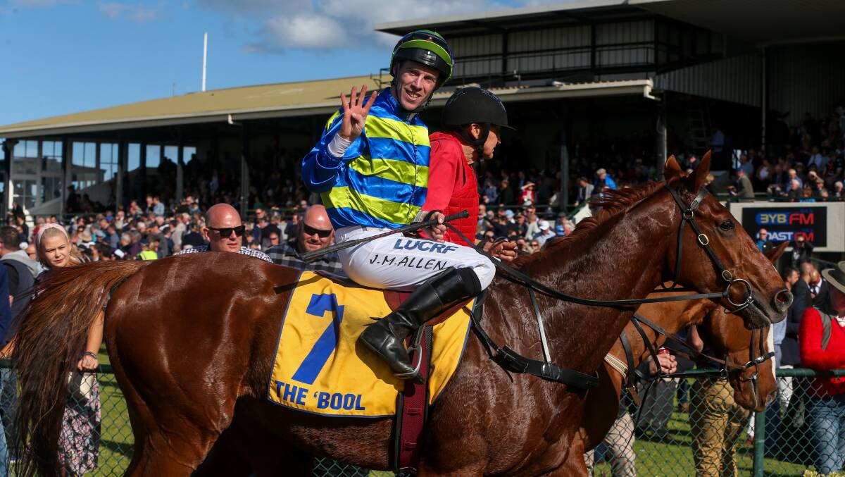 HOW MANY?: Jockey John Allen is all smiles as he returns to scale on Big Blue, after winning his fourth Galleywood Hurdle. Picture: Rob Gunstone