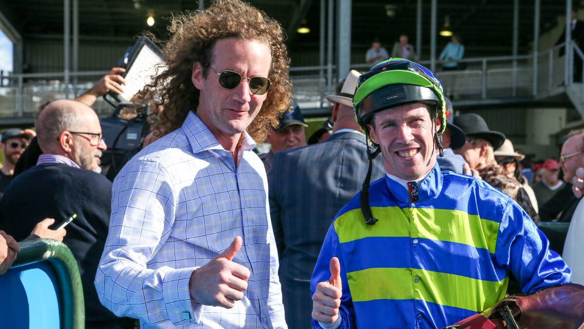 JOB DONE: Ciaron Maher and jockey John Allen give the thumbs up after Big Blue won the Galleywood Hurdle. Picture: Rob Gunstone