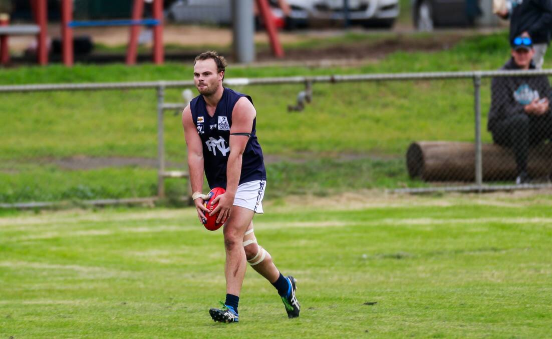 Goalkicker. Nirranda forward Jesse Dalton lines up for goal. He was outstanding during the Blues loss to Kolora-Noorat. Picture: Anthony Brady