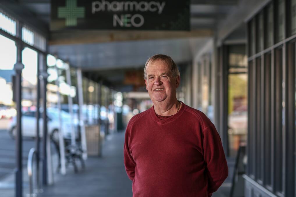 GOOD CAUSE: Port Fairy's John Ellard is coordinating the town's Rotary club's promoting of bowel cancer scanning. Mr Ellard is standing outside the Port Fairy pharmacy. Picture: Christine Ansorge