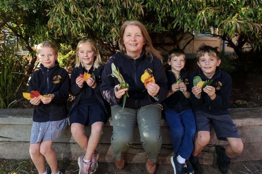 AUTHOR: Port Fairy Consolidated School science teacher Tracy Gray with students Zia Taylor, Frankie Gleeson, George Hall and Hugo Thomas.