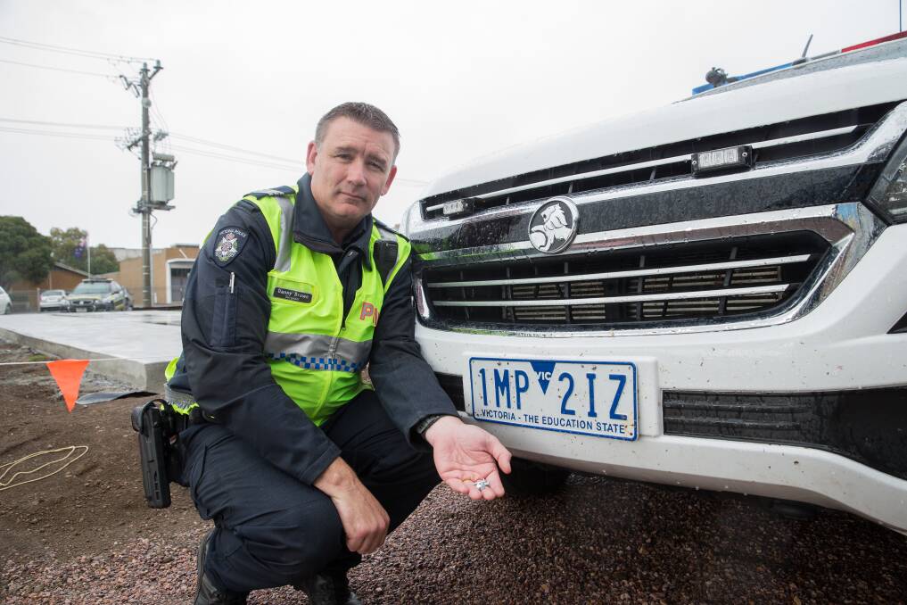 CURBING THEFT: Terang police sergeant Danny Brown will help fix anti-theft screws to vehicles this weekend. Picture: Christine Ansorge