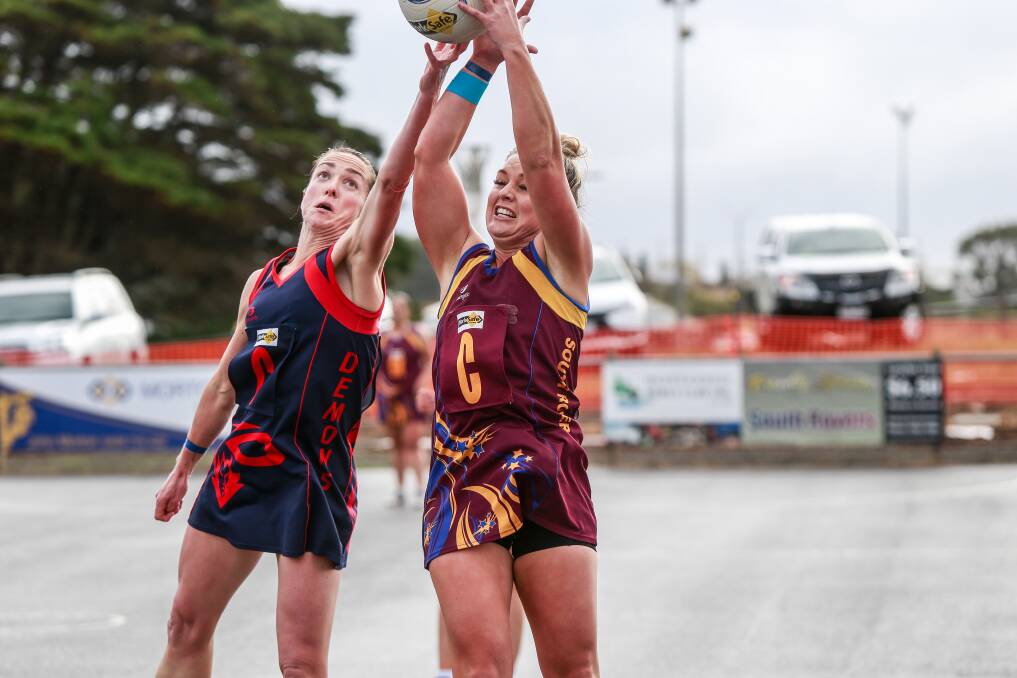 Contest: Timboon Demons and South Rovers centre players Mellissa McKenzie and Lisa Pender. Picture: Anthony Brady