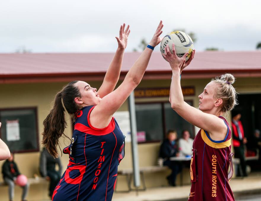 Sharp-shooter: South Rovers' Rhi Davis (right) scored 28 goals against the Timboon Demons in round six. Picture: Anthony Brady