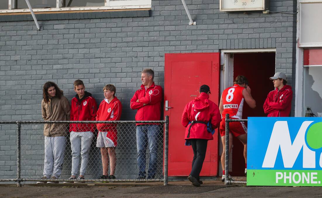 The moment: South Warrnambool co-captain Liam Youl is taken into the rooms with an injury during the second quarter of his side's match against Cobden in round five. Picture: Morgan Hancock