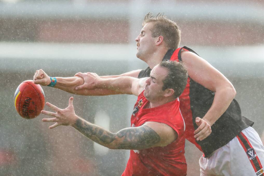 Dennington's Tully Allwood, who booted three goals, is spoiled as he goes for a mark. Picture: Morgan Hancock