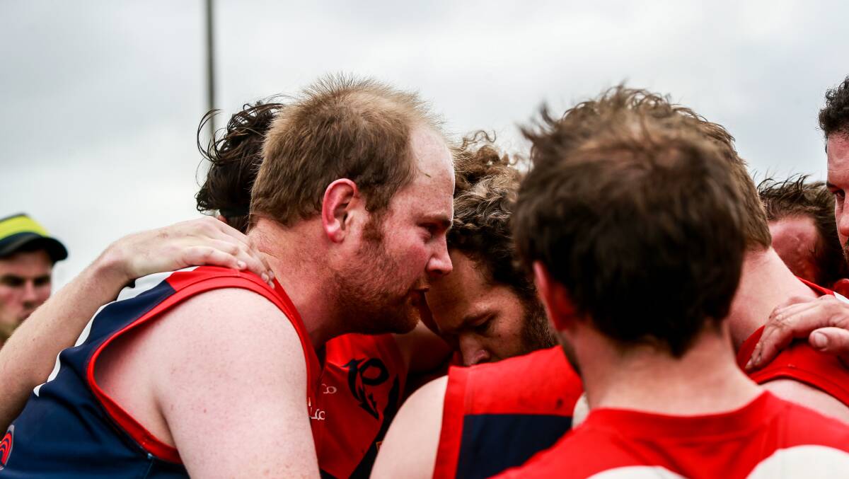 Leader: Timboon Demons coach and ruckman Marcus Hickey addresses his group. Picture: Anthony Brady