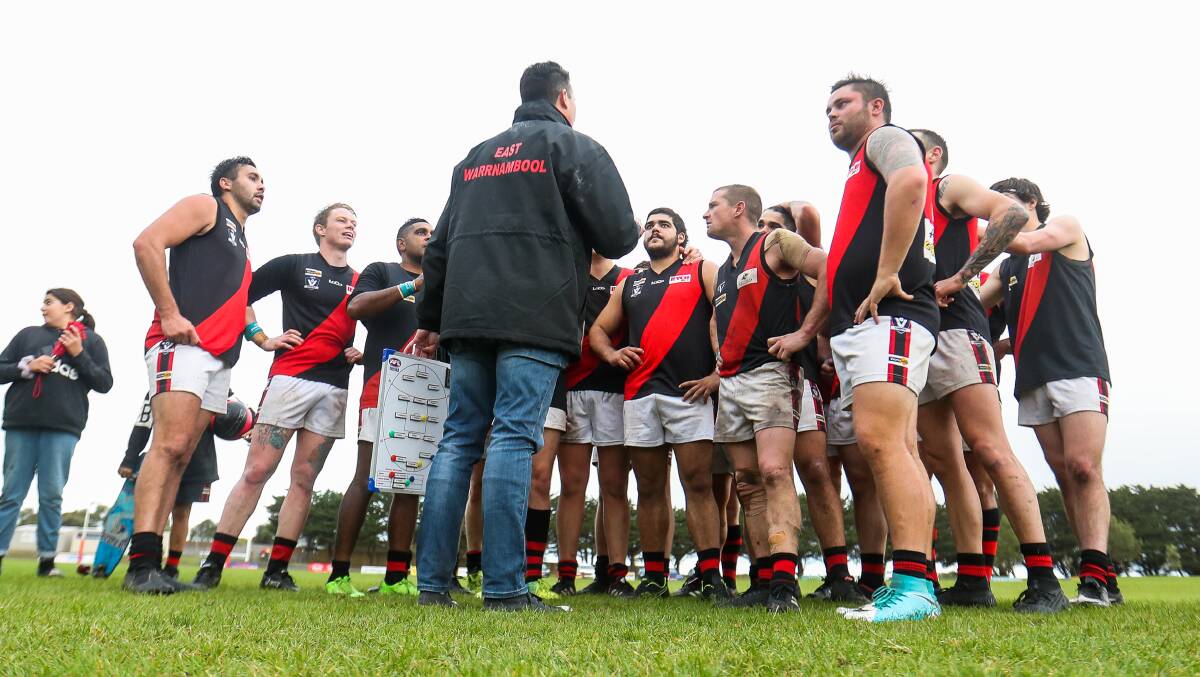 East Warrnambool players in a huddle. Picture: Morgan Hancock