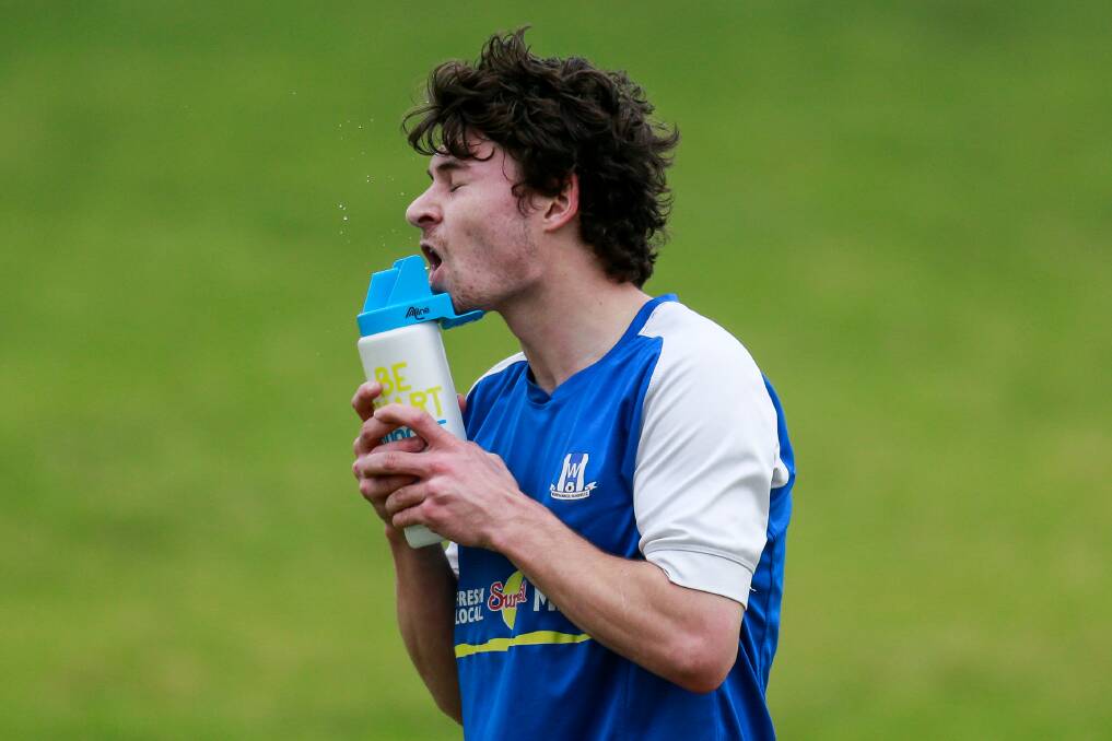 Thirsty: Warrnambool Rangers winger Darcy Johnstone, who scored a crucial goal against Maryborough on Sunday, grabs a drink. Picture: Anthony Brady