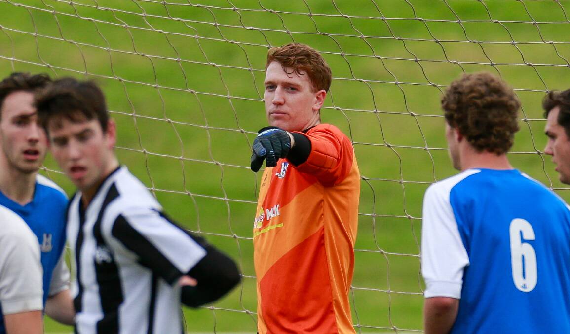 DIRECTIONAL: Warrnambool Rangers goalkeeper Cameron Pyke gets his defence in order for a corner. Picture: Anthony Brady