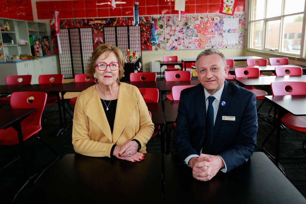 EVERY DAY COUNTS: Warrnambool Beyond the Bell action group chair Glenys Phillpot and Emmanuel College of principal Peter Morgan meet to discuss student attendance rates. Picture: Anthony Brady