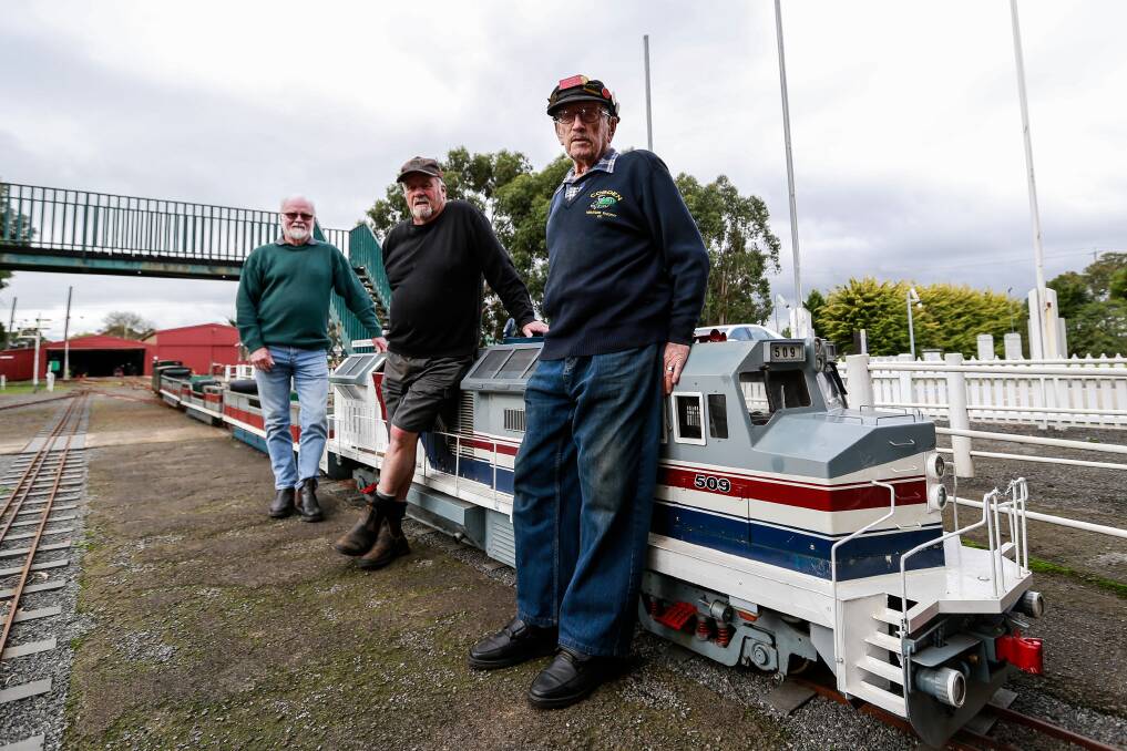 Cobden Miniature Railway is celebrating its 25th birthday. Ready for all the fun is Cobden Rotary Club treasurer Frank Martin, committee member Graham Ralph and train driver John Wiggins. Picture: Anthony Brady