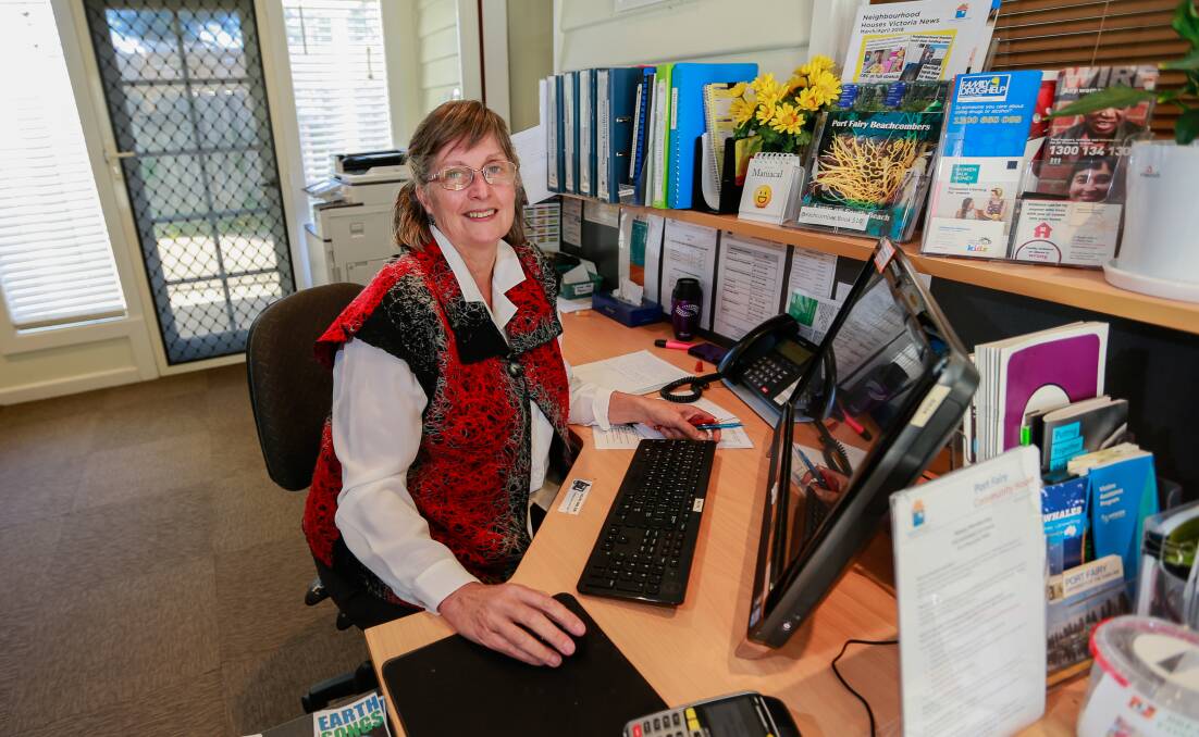 GREAT SERVICE: Port Fairy Community House volunteer Adi Tayler, working in reception. The house is celebrating its volunteers this week. Picture: Anthony Brady