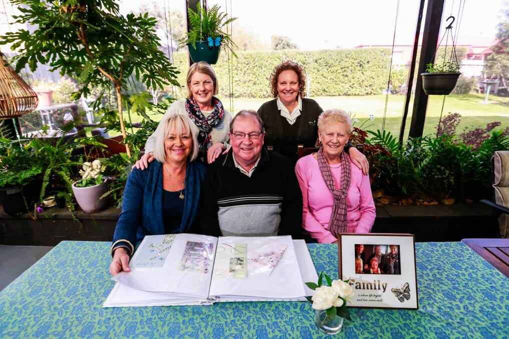 Love: Jane Threlfall's sister and parents, Julie, Tony and Marie Threlfall (front) with her aunt Betty Kenna and palliative care nurse Vikki Hoy. Picture: Anthony Brady