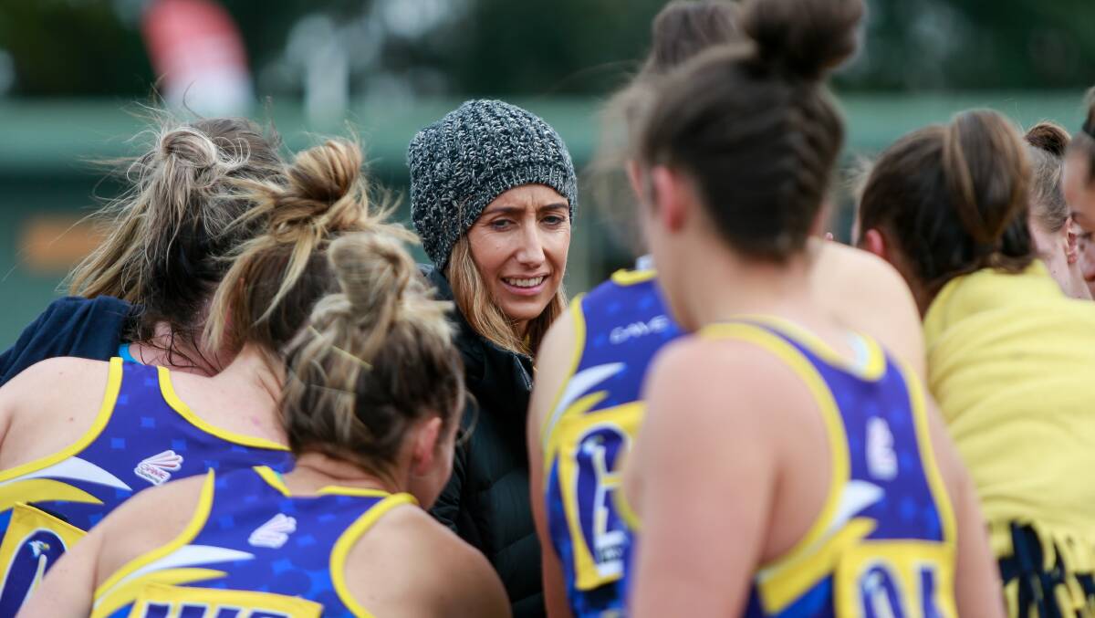 LAST-MINUTE INSTRUCTIONS: North Warrnambool Eagles coach Jamie Barr talks to her players before the start of play. Picture: Anthony Brady